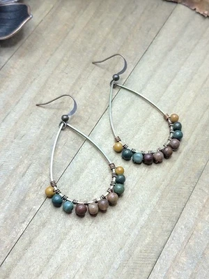 Pendientes colgantes boho de jaspe de lujo, pendientes de lágrima de piedras preciosas rústicas regalo para ella Foto 1 de 4