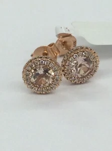 14kt Rose Gold Round Halo Morganite And Diamond Stud Earrings (5mm) - Picture 1 of 12