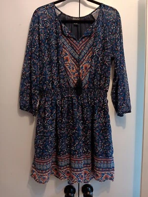 LUCKY BRAND Boho Floral Dress Blue Tassels Navy White Neon Orange Flowy Sz L - Image 1 of 4