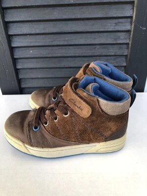 Clarks Boys Size 10W High Top Brown and Blue  Elastic Laces Hook & Loop Closure - Image 1 of 4