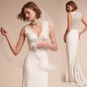 Elegant Wedding Dresses Straps Sleeveless V Neck Applique Sheath Sweep Train - Picture 1 of 11