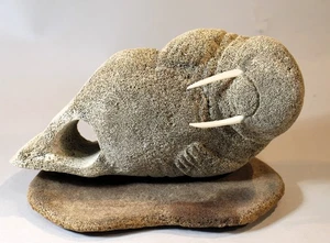 Vintage Native Alaskan Inuit Indian Carved Reclining Walrus on Base c. 1985 - Picture 1 of 11