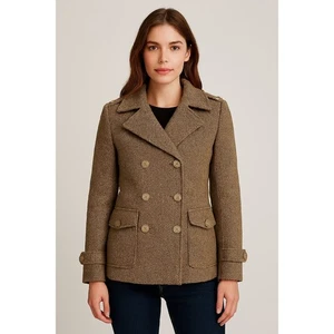 Etcetera Womens 100% Wool Herringbone Pea Coat Lightweight Tweed Neutral Tan 8 - Picture 1 of 9