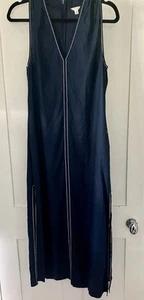 Jigsaw Navy Linen Contrast Stitch Sleeveless Midi Dress, Size 8 UK - Picture 1 of 8