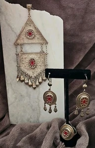 Set gioielli argento sterling Asia centrale Kazakistan smalto rosso etnico - Foto 1 di 12