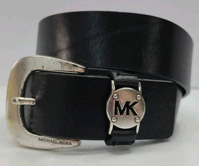 Michael Kors Black Calfskin Leather Belt Silver Buckle Logo keeper Sz 36 - Image 1 of 4