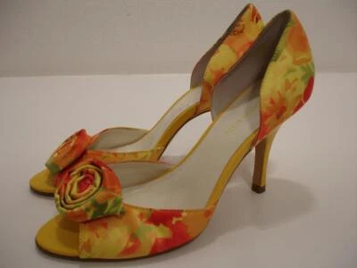 Women's 8 M Nine West Rosette High Heels Pump Yellow Orange Peep Toe Dress Shoes - Image 1 of 4