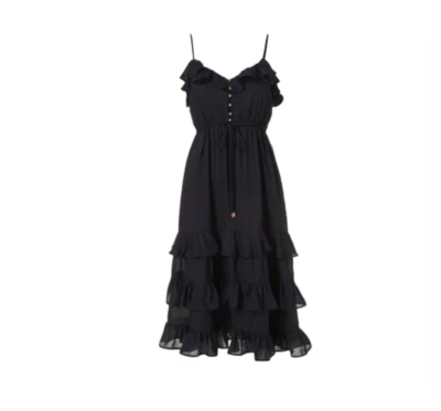 Vestido midi Melissa Odabash Bethan con volantes para mujer pequeño negro sobre el hombro Foto 1 de 4