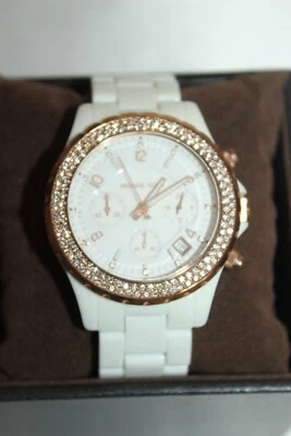 ¡NUEVO! ¡NUEVO CON ETIQUETAS! Reloj MICHAEL KORS Blanco Acrílico Oro Rosa Cronógrafo Brillo $250 MK5379 Foto 1 de 4