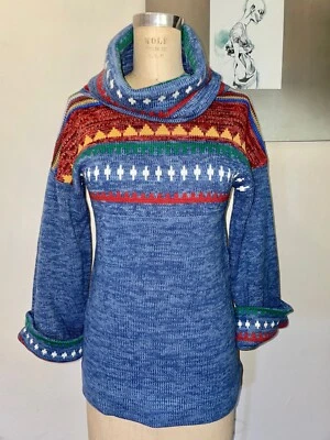 DE COLECCIÓN AÑOS 70 BOHO HIPPY SUROESTE NATIVO ESTAMPADO AZUL CUELLO ALTO LÍNEA A SUÉTER*S Foto 1 de 4