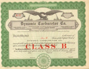 Dynamic Carburetor Company Class B Aktien Unissued Stock Certificate - Bild 1 von 1