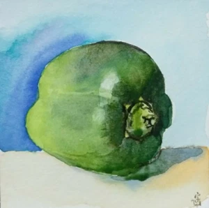 Hand Painted Original Watercolor Green BELL PEPPER Still Life Signed by JV - Picture 1 of 1