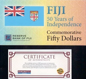 Fiji 50 Dollars QTY 1 Pc 50 Years of indepence UNC Polymer Banknote with Folder - Picture 1 of 7