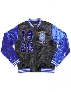 GIACCA LETTERMAN ZETA PHI BETA SORORITY BLU NERA PAILLETTES - Foto 1 di 2