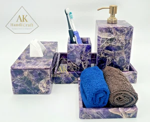 Juego de baño de amatista semipreciosa de 5 piezas - Juego de baño de piedras preciosas de lujo hecho a mano - Imagen 1 de 4