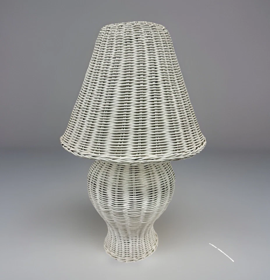 Винтажная имбирная банка белая плетеная ротанговая лампа с абажуром высотой 19,5 дюйма богемный потертый шик - Изображение 1 из 4