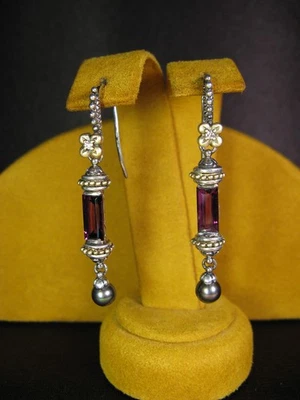 PENDIENTES BARBARA BIXBY RODOLITA GRANATE PERLA NEGRA FLOR DIAMANTE Piedra preciosa HE Foto 1 de 3