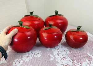 Vtg 1960s MCM Red Apple Aluminum Canister Set Brass Leaf Lids Kitchen Decor - Picture 1 of 9