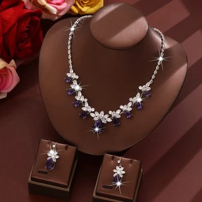 Conjunto de aretes collar lágrima flor estrás circonita cúbica circonita cúbica roja/púrpura Foto 1 de 3