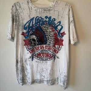 AFFLICTION Men Size L T-Shirt LIVE FAST INDIAN SKULL Double Sided Red White Blue - Picture 1 of 6