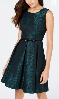Nuevo Vestido Nine West Cinturón Damasco Verde Ajuste y Acampanado Sin Mangas Forrado Talla 6 Foto 1 de 4