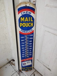 Antique Metal Mail Pouch Thermometer Chewing Tobacco Advertising 39” X 8” - Picture 1 of 12