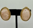 Vintage Clip On Earrings Gold Tone Frame With Pink/Peach Glass Marbled Oval