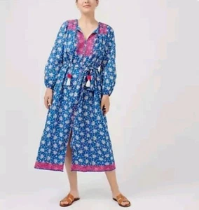 Vestido bohemio J Crew XL azul con bordado rosa nuevo con etiquetas - Imagen 1 de 4