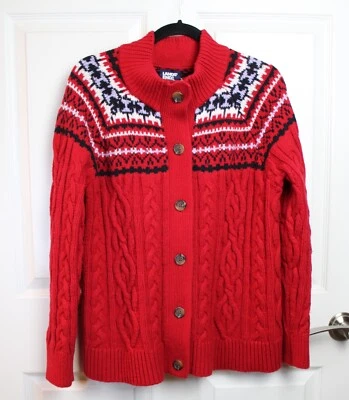 Lands' End  Red Fair Isle Cable Knit Button Front Cardigan Sweater Size XL/18 - Image 1 of 4