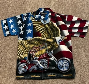 Steve & Barry’s Mens Hawaiian Shirt Button Up Short Sleeve Patriotic Motorcycle - Picture 1 of 10