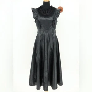 GRACIA Faux Leather Midi Dress NWT Size Medium Lace Bin Ruffle Sleeve A-Line - Picture 1 of 9