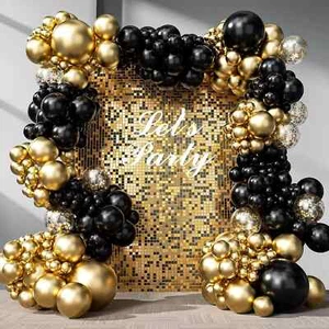 133pz Palloncini Nero e Oro Ghirlanda Arco Kit con Palline Confetti Oro Metallizzato - Foto 1 di 3