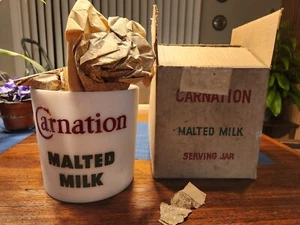 Vintage Carnation Malted Milk Advertising Milk Glass Jar Canister NEW IN BOX! - Picture 1 of 17