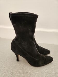 Salvatore Ferragamo 7B Black Suede Boots Pull On Heeled Women Italy
