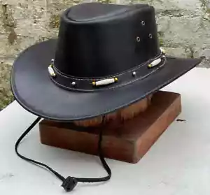 Australian Bush Hat Black Leather Cowboy Western Outback Style with Chinstrap - Picture 1 of 12