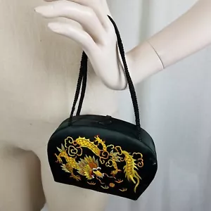 Vintage Embroidered Chinese Dragon Black Silk Handbag Purse Mirror Chinese Japan - Picture 1 of 6