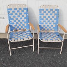 2 Matching Vinyl Webbed Folding Lawn Chairs Blue Gray Wood Armrest Camp Beach
