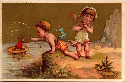 Vintage Vitoriano Menino, Menina, Boneca, Pesca, Chapéus, Bonés, Loja Cartão Comercial PA. - Imagem 1 de 3