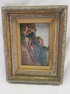 Antigua pintura al óleo de 1800 soldado enmarcado en escalera con binoculares 13,5" - Imagen 1 de 11