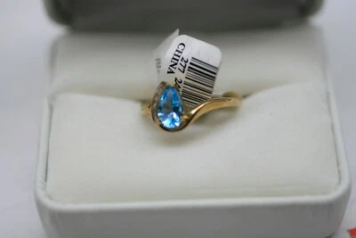 ladies blue topaz 3 DIAMONDS ring 10kt yellow gold sz7 $287 O2 - Image 1 of 4