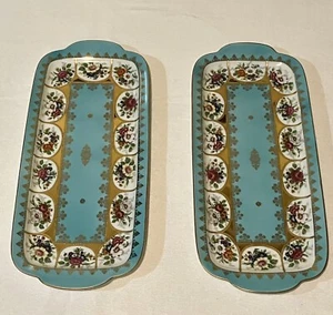 Antique Pair Of Germany Blue Trays Platter Rectangle Serving Plates Gold Guild - Picture 1 of 24