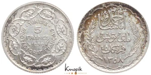 Tunesien, Französisches Protektorat, 5 Francs AH 1358 / 1939, KM 264, 5,00g. - Bild 1 von 1
