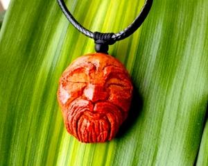 Carved 'Avocado Spirit' Pendant Old Man Face Necklace, Adjustable Sliding Knot - Picture 1 of 7