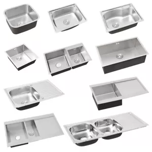 Modern Stainless Steel Kitchen Sink 1/1.5/2 Bowl Drainer Square Round Waste Kit - Picture 1 of 69