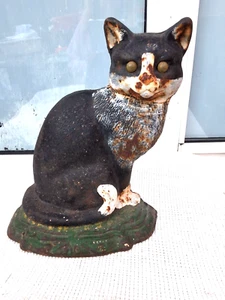 LARGE VINTAGE CAST IRON DOOR STOP BLACK & WHITE CAT - Picture 1 of 7