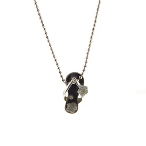 Flip Flop Sandal Necklace Beaded Chain Dark Green Enamel Floral Crystal 15" - Picture 1 of 5
