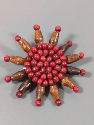 Western Tribal Brown Red Wood Flower Pin Boho Brooch Round - Image 1 of 4
