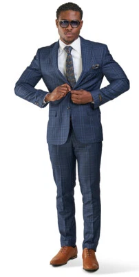 Slim Fit 2 Button Navy Blue Windowpane Plaid Mens Suit Peak Lapel 35071 AZARMAN - Image 1 of 4