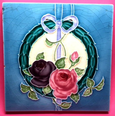 Antique Richards Tile Blue Bow Mauve Floral  Made In England 6 Inch N0.3 of 4 Cover