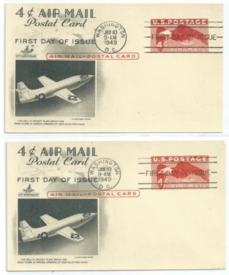 (2) US First Day Airmail Art Craft Postcard UXC1a 1949 Eagle 4 cent Deep Red Var - Image 1 of 4